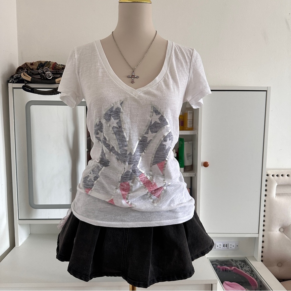 PINK Victoria's Secret White V-Neck Tee with Flag Graphic